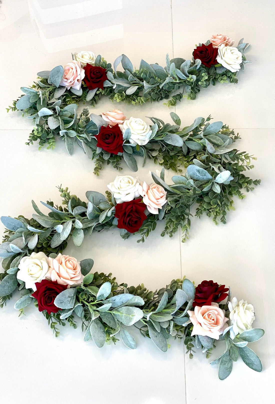 Faux Eucalyptus, Lamb’s Ear & Rose Garland for Weddings