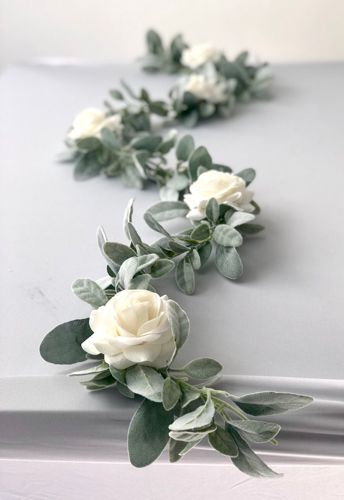 Lambs Ear Garland, Artificial Lambs Ear Garland, Wedding Centerpiece, Lambs Ear Swag, Sage Color Garland, Table Runner, Ivory Rose Garlands