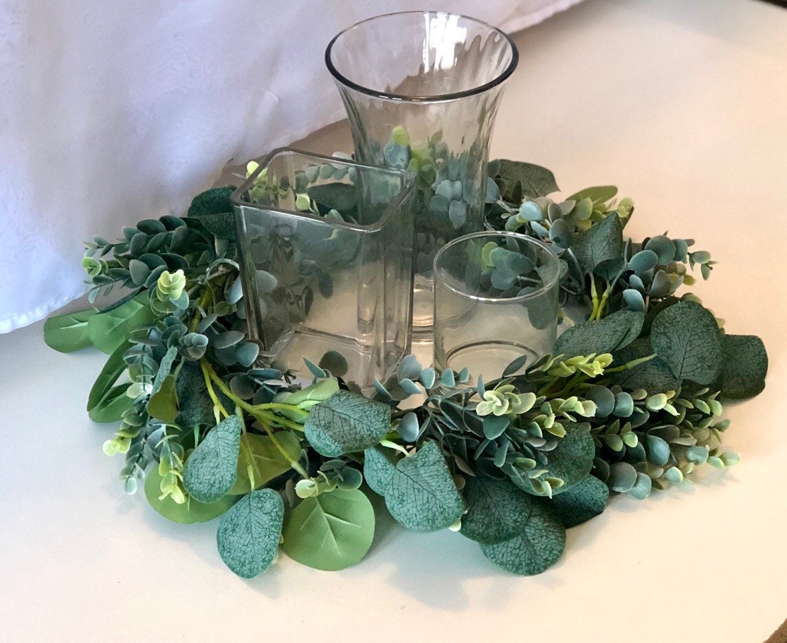 Faux Silver Dollar Eucalyptus Wreath, Artificial Eucalyptus Garland, Wedding Centerpiece, Eucalyptus Wreath, Candle Wreath, Lantern Wreath