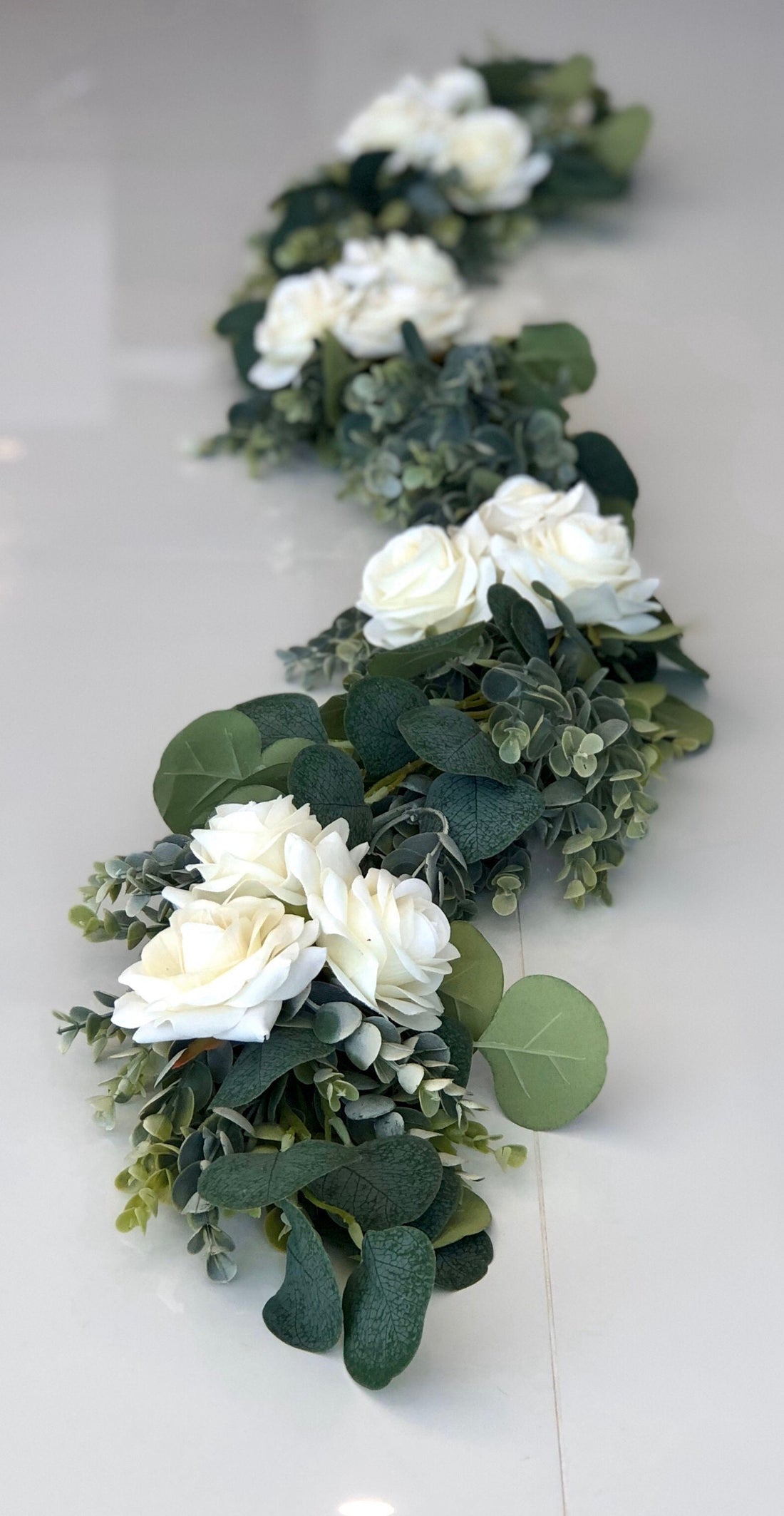 Eucalyptus Garland, Artificial Eucalyptus Garland, White Rose Garland,Centerpiece, Eucalyptus Swag, Greenery Garland, Table Runner, Silver D