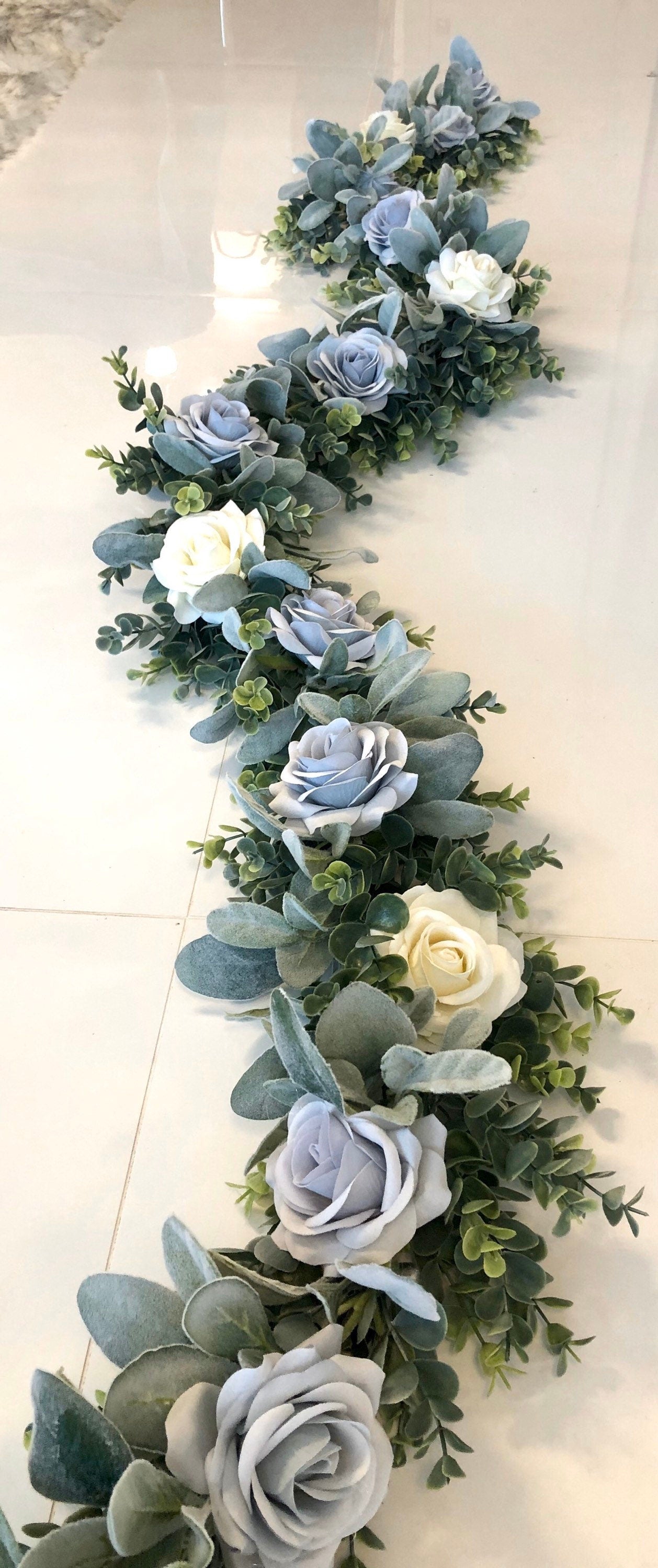 Eucalyptus, Lambs Ear, Dusty Blue Garland, Artificial Garland, Blue and Ivory Rose Garland, Blue Garland, Light Blue Wedding Centerpiece