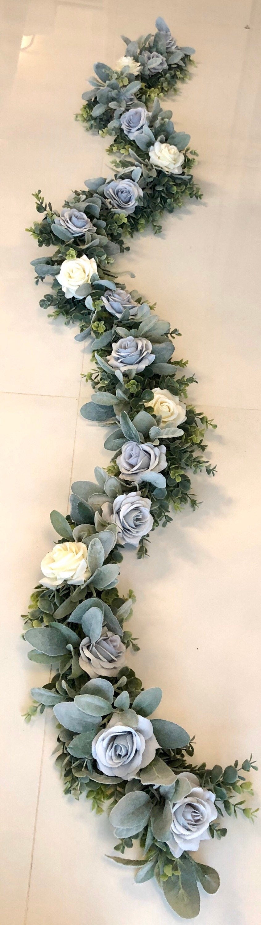 Eucalyptus, Lambs Ear, Dusty Blue Garland, Artificial Garland, Blue and Ivory Rose Garland, Blue Garland, Light Blue Wedding Centerpiece