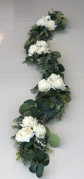 Eucalyptus Garland, Artificial Eucalyptus Garland, White Rose Garland,Centerpiece, Eucalyptus Swag, Greenery Garland, Table Runner, Silver D