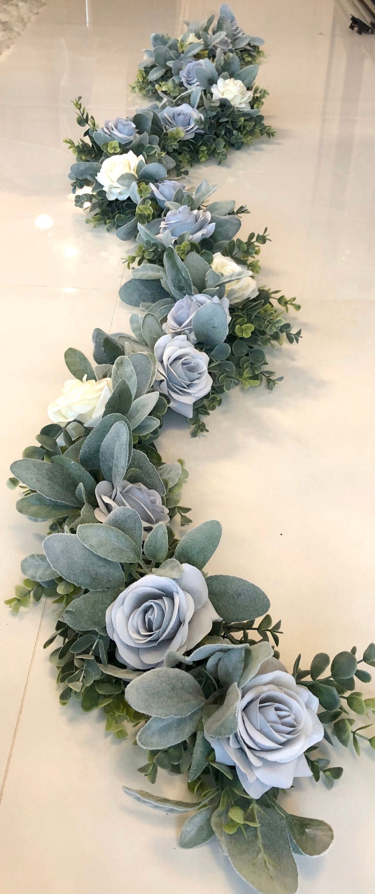 Eucalyptus, Lambs Ear, Dusty Blue Garland, Artificial Garland, Blue and Ivory Rose Garland, Blue Garland, Light Blue Wedding Centerpiece