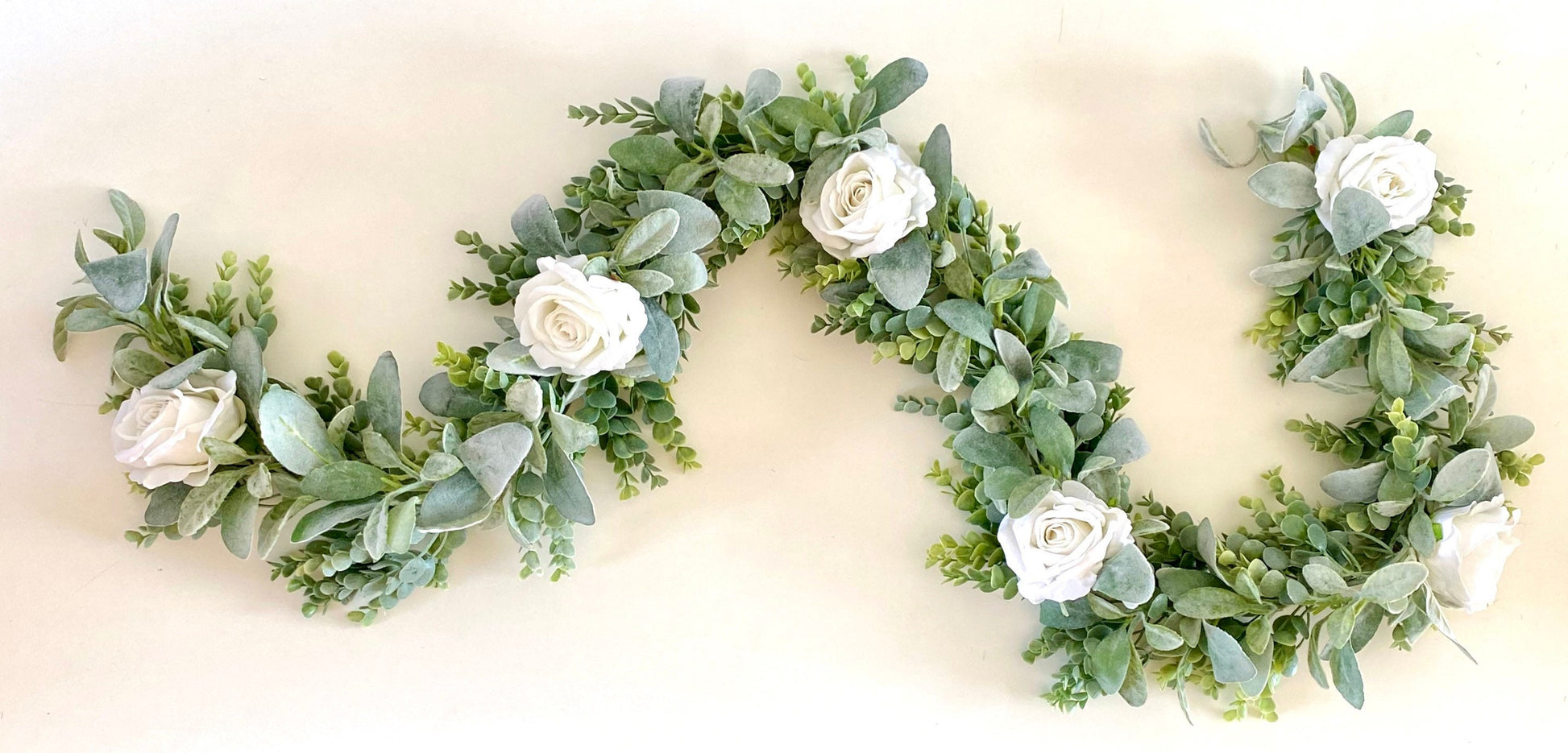 Eucalyptus Garland, Lambs Ear Garland, Wedding Centerpiece, Arch Flowers, White Rose Garland, Greenery Garland, White Rose Garland, Table Ru