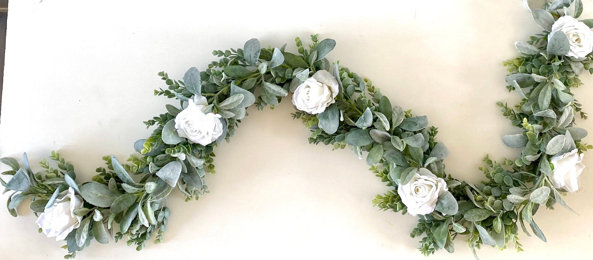 Eucalyptus Garland, Lambs Ear Garland, Wedding Centerpiece, Arch Flowers, White Rose Garland, Greenery Garland, White Rose Garland, Table Ru