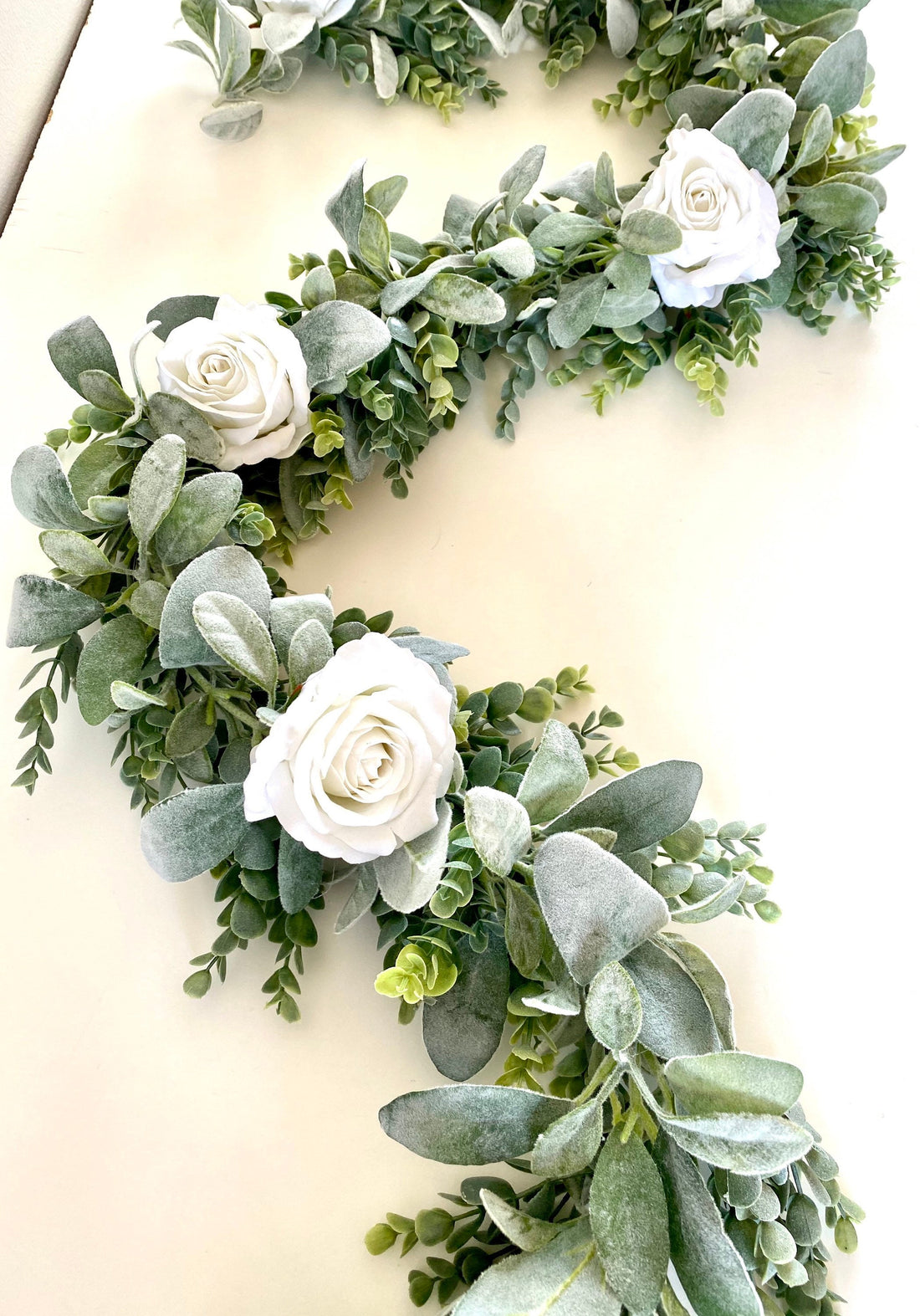 Eucalyptus Garland, Lambs Ear Garland, Wedding Centerpiece, Arch Flowers, White Rose Garland, Greenery Garland, White Rose Garland, Table Ru