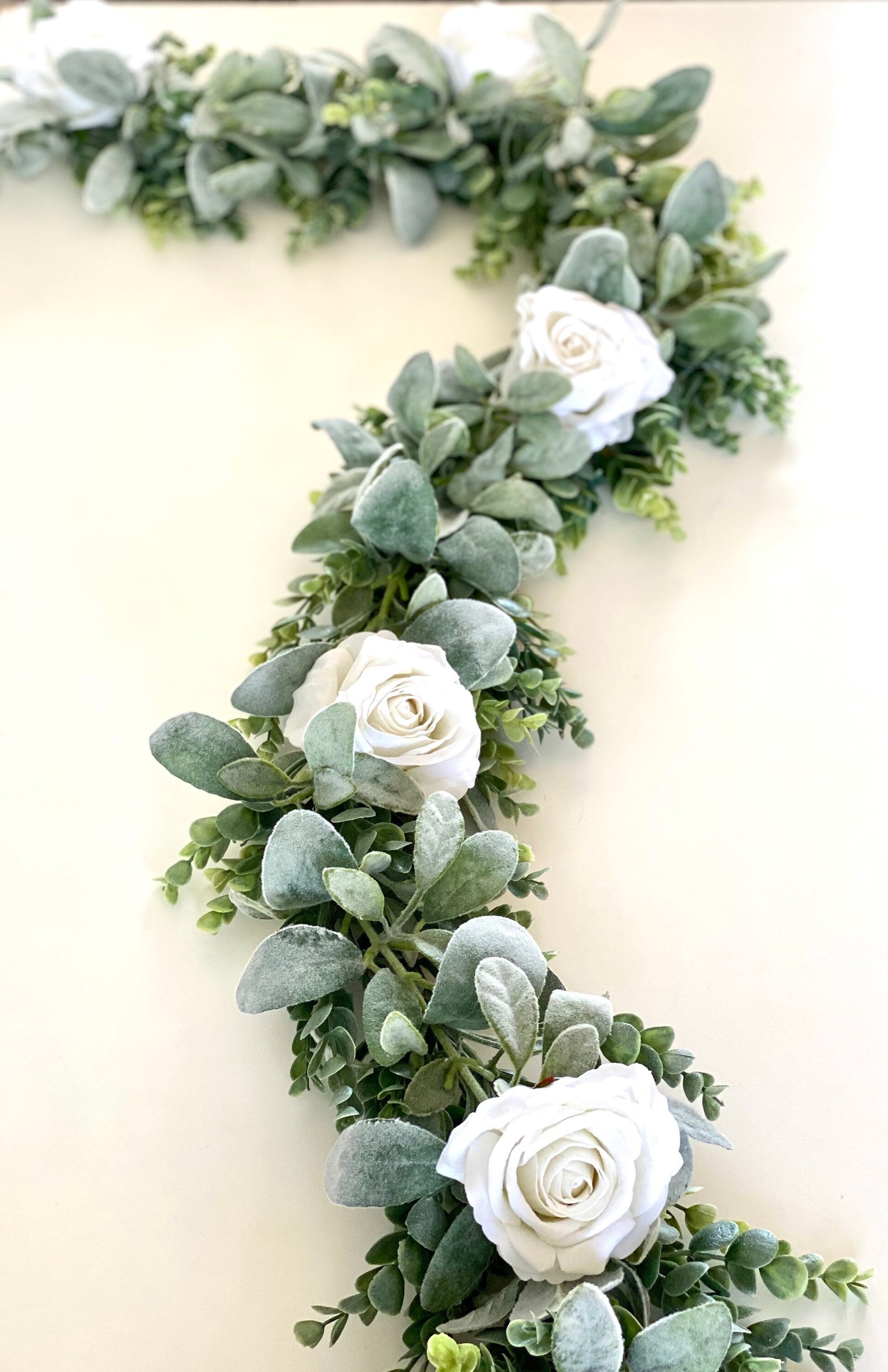 Eucalyptus Garland, Lambs Ear Garland, Wedding Centerpiece, Arch Flowers, White Rose Garland, Greenery Garland, White Rose Garland, Table Ru