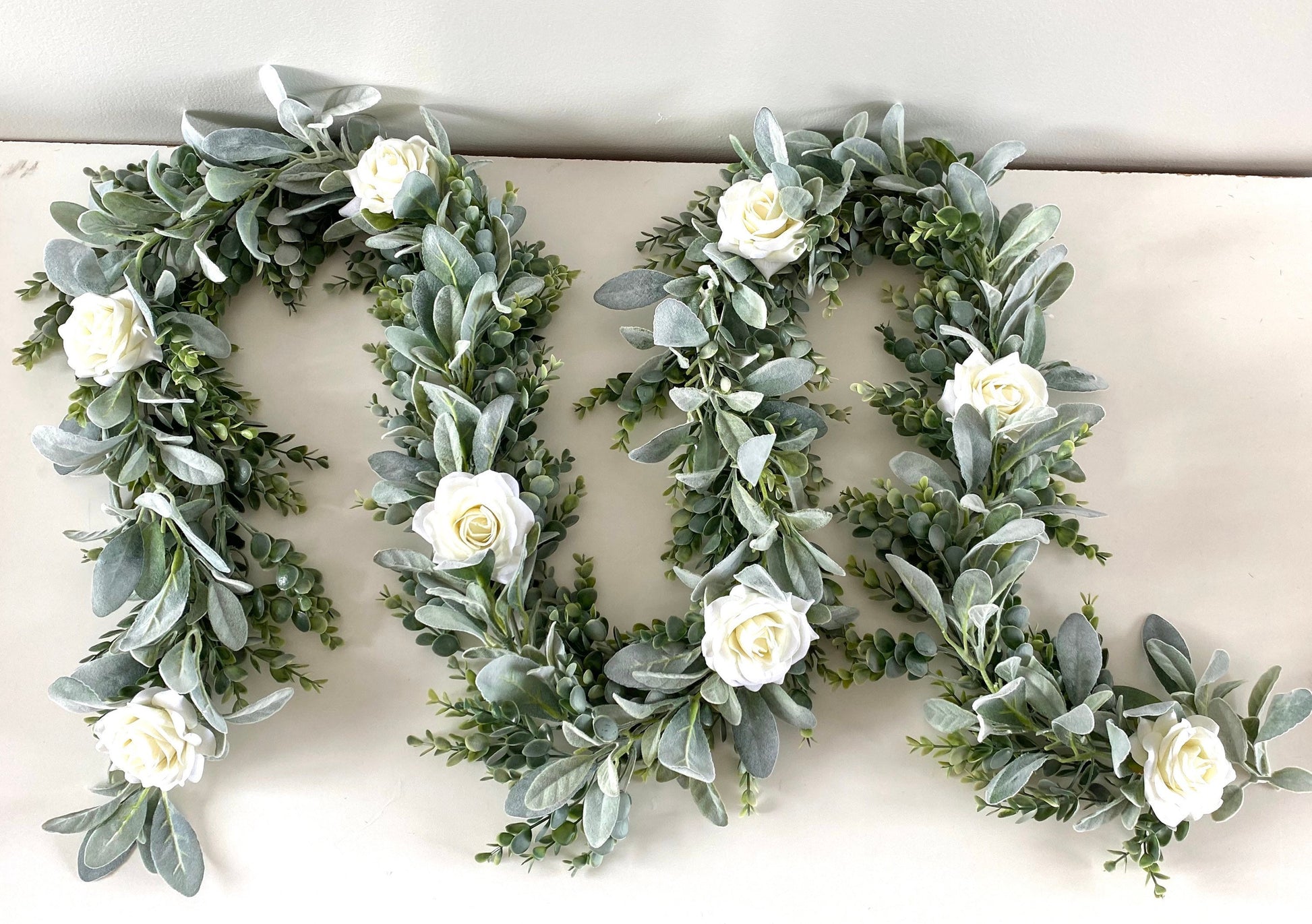 Artificial High Quality Eucalyptus, Lambs Ear, Rose Garland