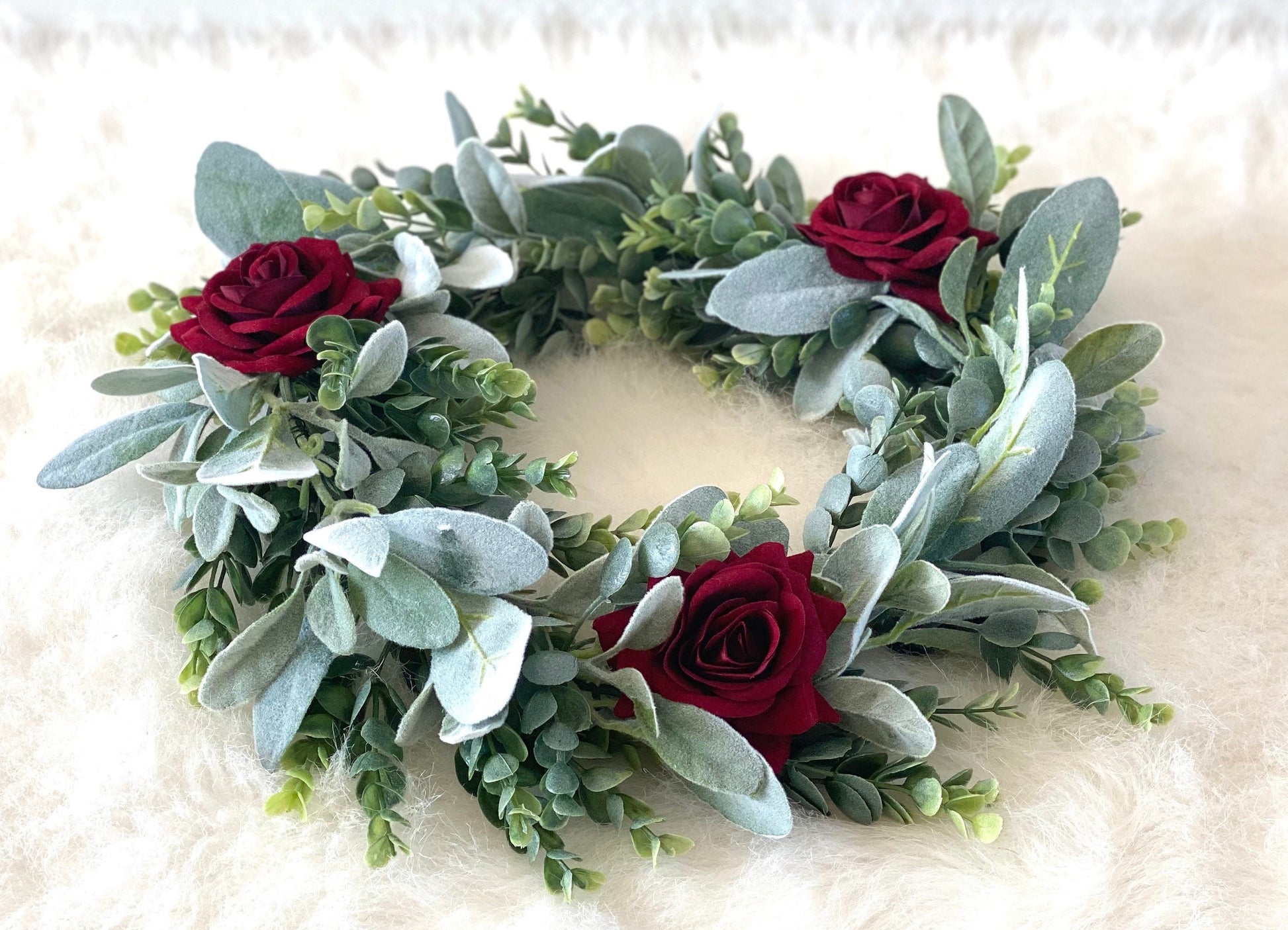 Eucalyptus Lambs Ear Wreath, Lambs Ear Wreath, Wedding Centerpiece, Christmas Centerpiece, Burgundy Rose Garland, Christmas Candle Wreath