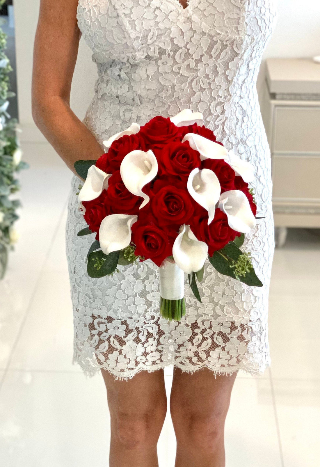 Faux Red Rose and White Lily Bouquet, Rose Bridal Bouquet, Calla Lily Bouquet, Eucalyptus Bouquet, Boho Bouquet, White Lily Bouquet Bouquet