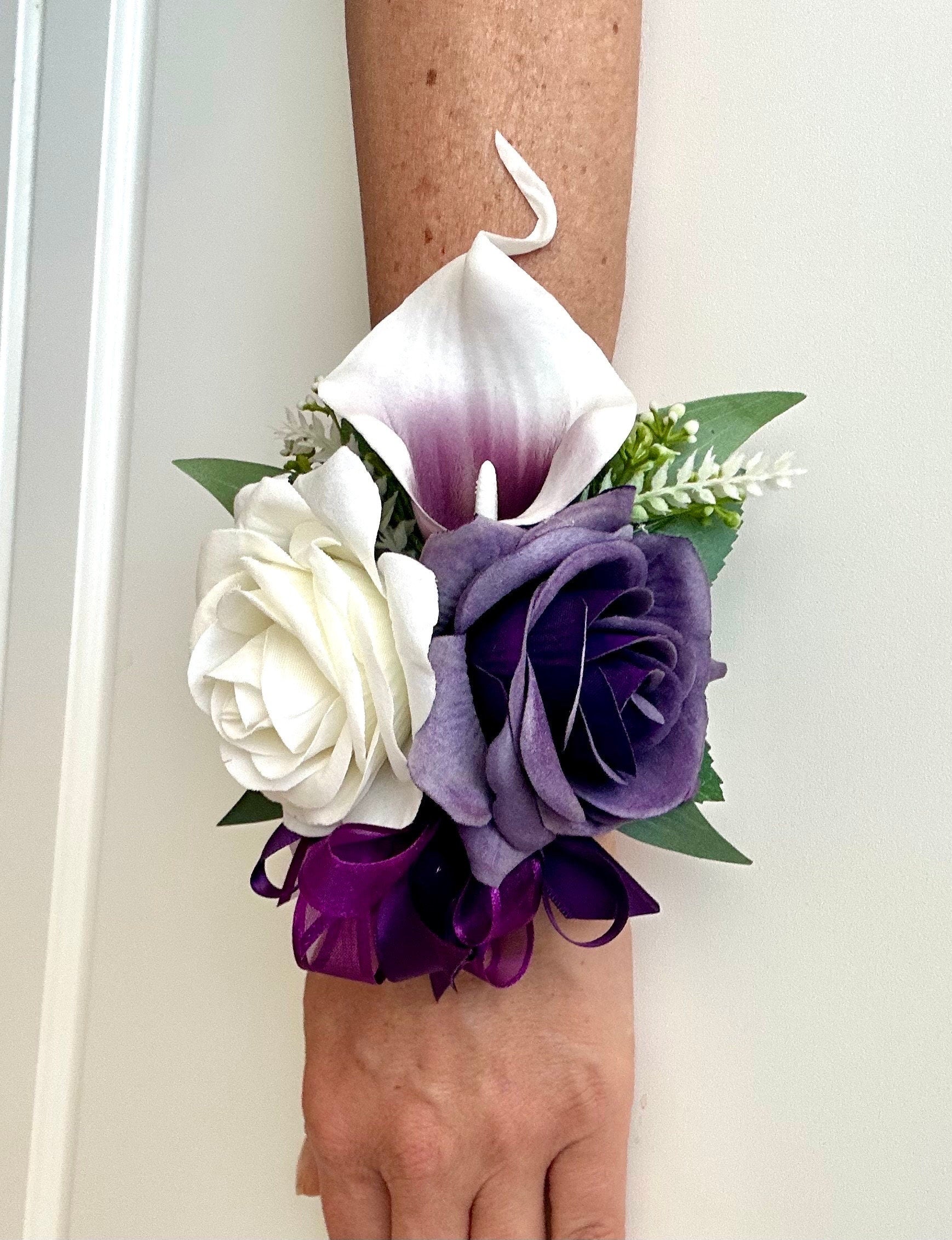 Purple Calla Lily Wrist Corsage, Plum Corsage, Plum Wrist Corsage, Brooch Corsage, Prom Boutonniere, Purple Corsage, Wedding Wrist Corsag