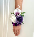 Purple Calla Lily Wrist Corsage, Plum Corsage, Plum Wrist Corsage, Brooch Corsage, Prom Boutonniere, Purple Corsage, Wedding Wrist Corsag