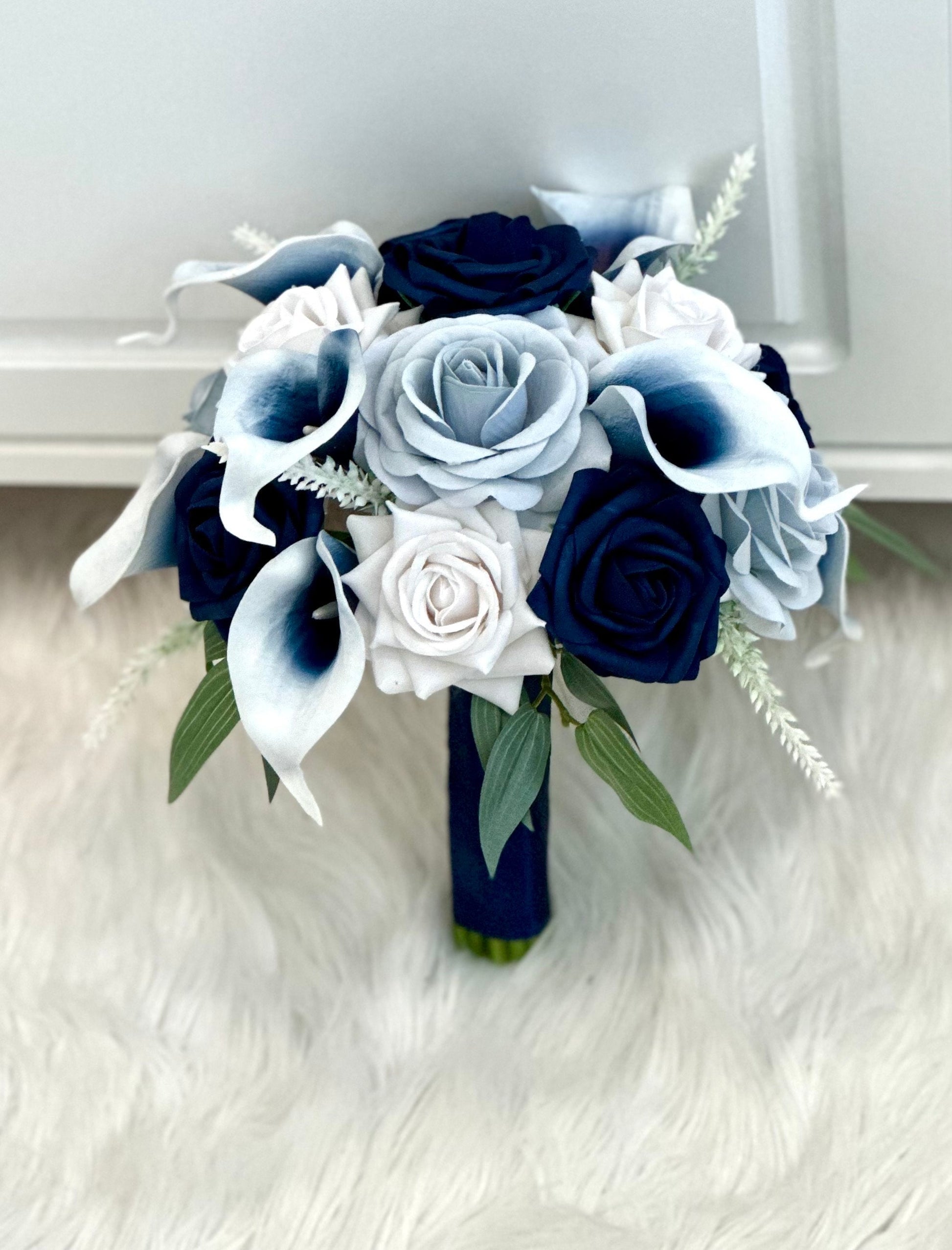 Navy Blue Bouquet, Dusty Blue Bouquet, Blue Rose Bouquet, White Bouquet, Real Touch Calla Lily Bouquet, Blue and White Bridal Bouquet