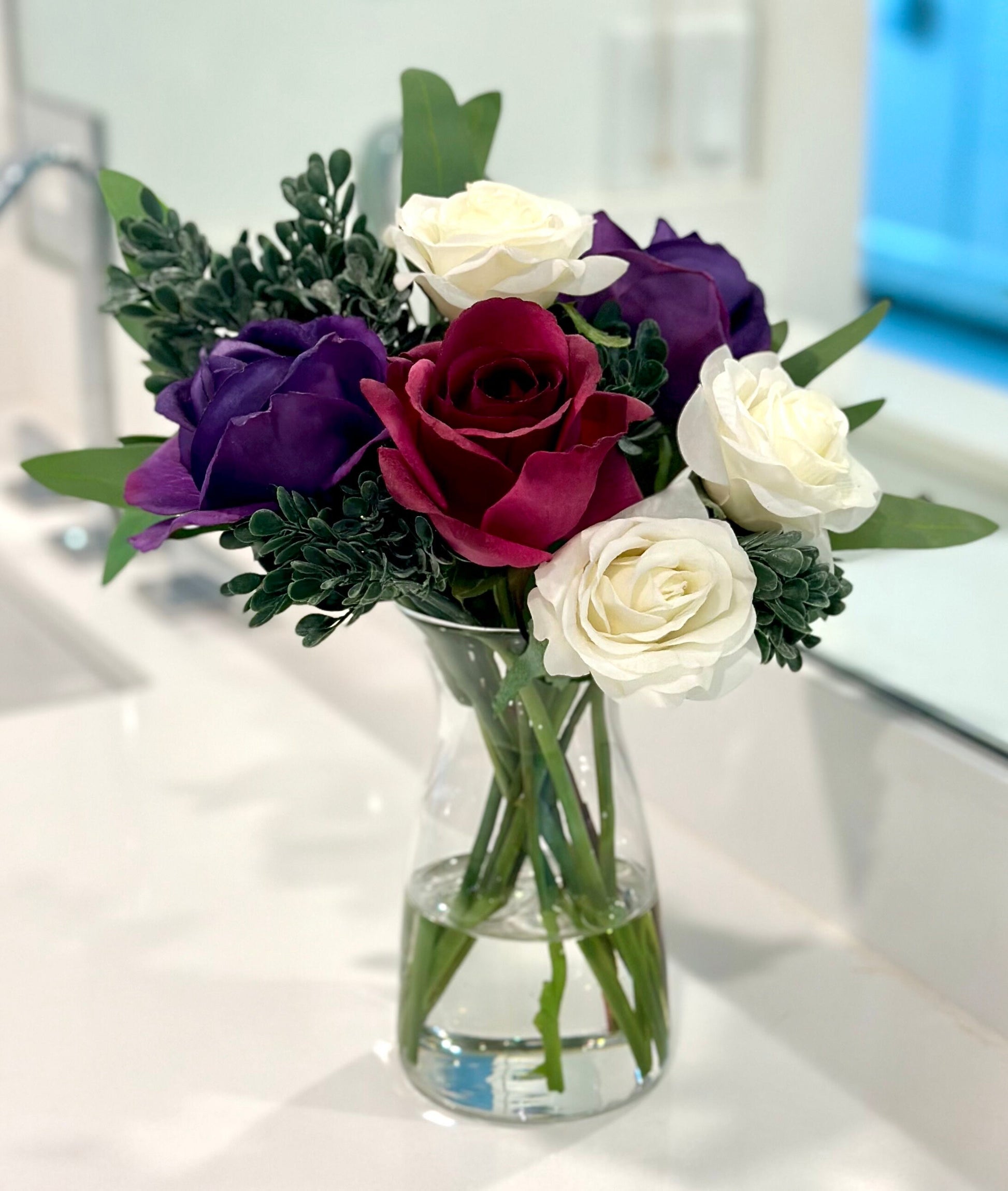 Real Touch Rose Arrangement, Purple Rose Arrangement, Purple Centerpiece, Artificial Rose Arrangement, White Floral Arrangement, Table Cent