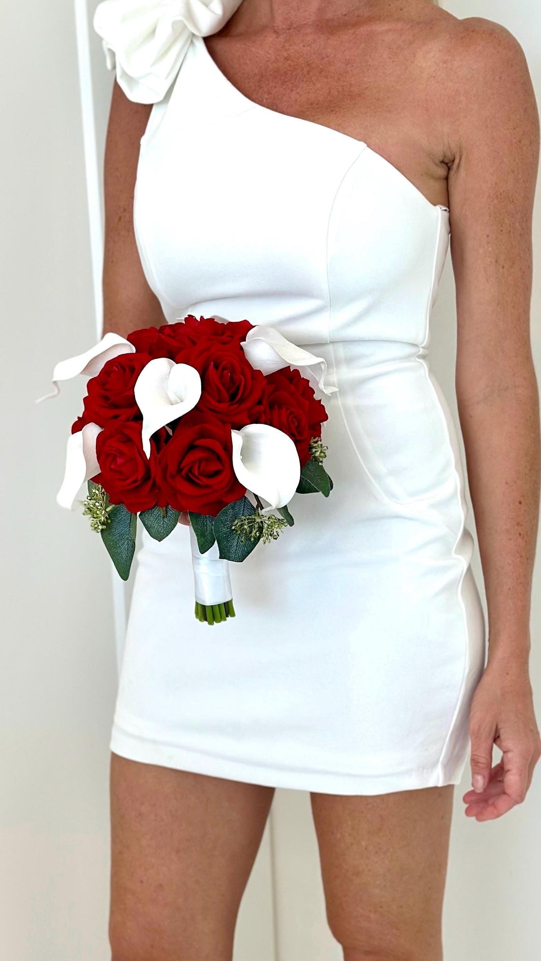 Faux Red Rose and White Lily Bouquet, Rose Bridal Bouquet, Calla Lily Bouquet, Eucalyptus Bouquet, Boho Bouquet, White Lily Bouquet Bouquet