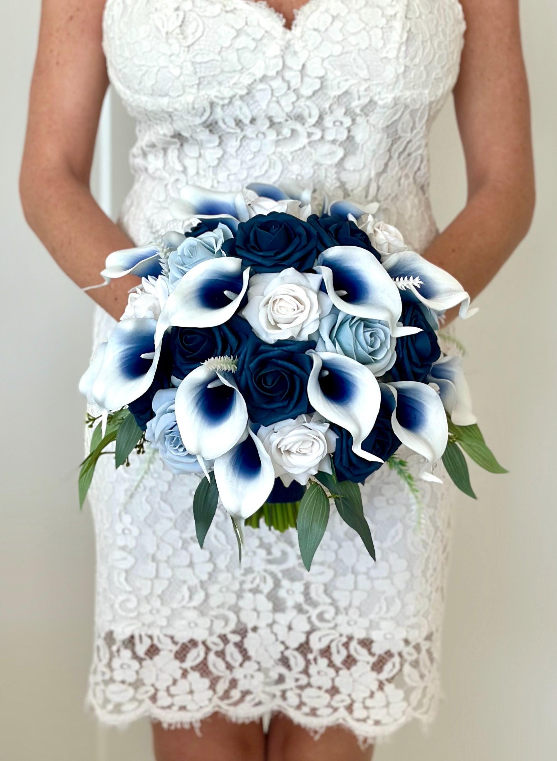 Navy Blue Bouquet, Dusty Blue Bouquet, Blue Rose Bouquet, White Bouquet, Real Touch Calla Lily Bouquet, Blue and White Bridal Bouquet