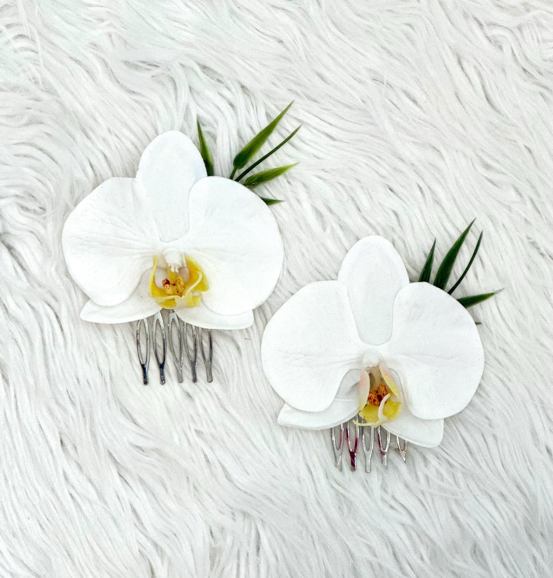 White Orchid Hair Combs, Real Touch Orchid Hair Comb, White Orchid Hair Clip, Orchid Hair Comb, White Orchid Hairpiece, Wedding Hair Comb, O