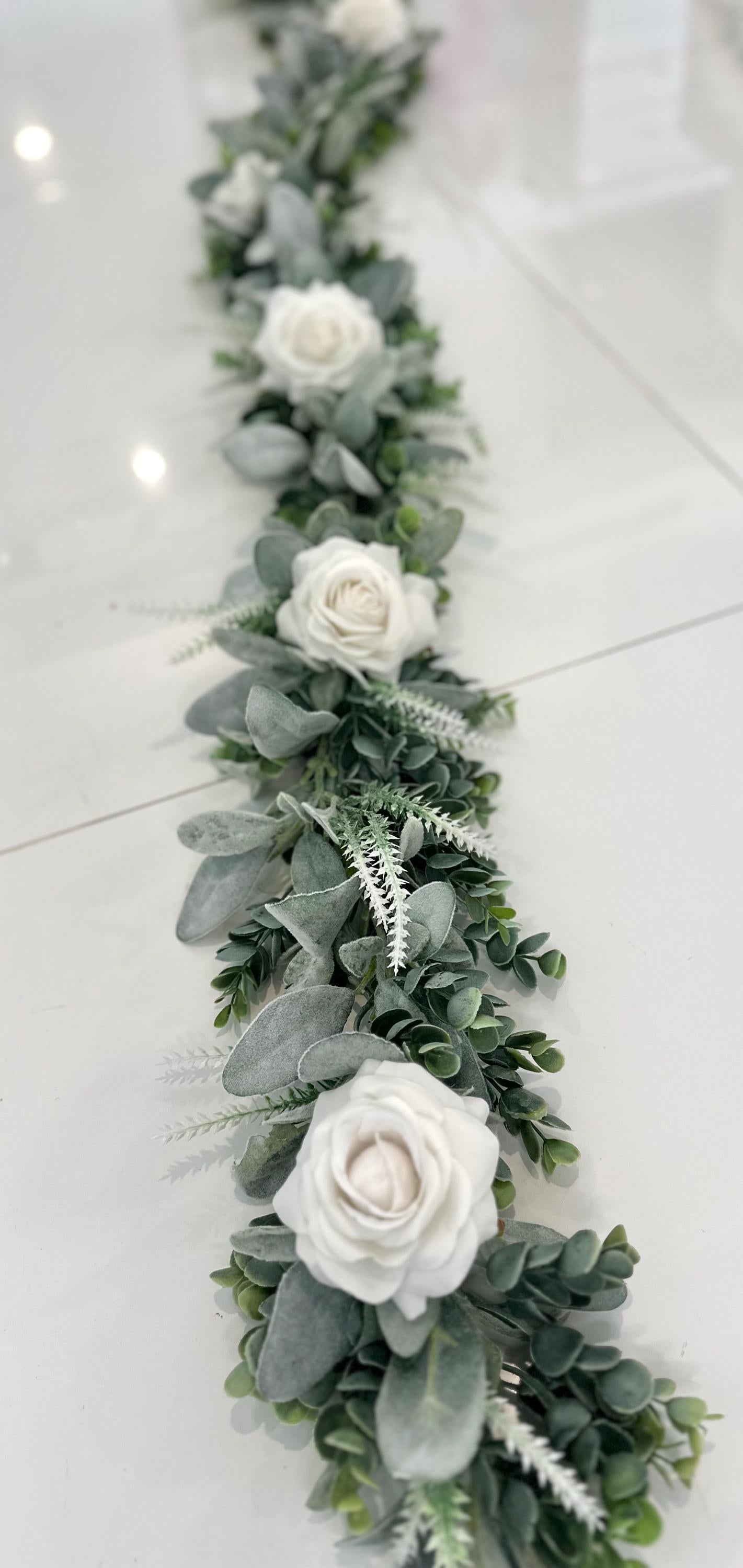 Artificial Eucalyptus Garland, Lambs Ear Garland, Wedding Centerpiece, Arch Flowers, Ivory Rose Garland, Greenery Garland, Eucalyptus Table