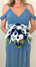 Navy Blue Bouquet, Dusty Blue Bouquet, Blue Rose Bouquet, White Bouquet, Real Touch Calla Lily Bouquet, Blue and White Bridal Bouquet