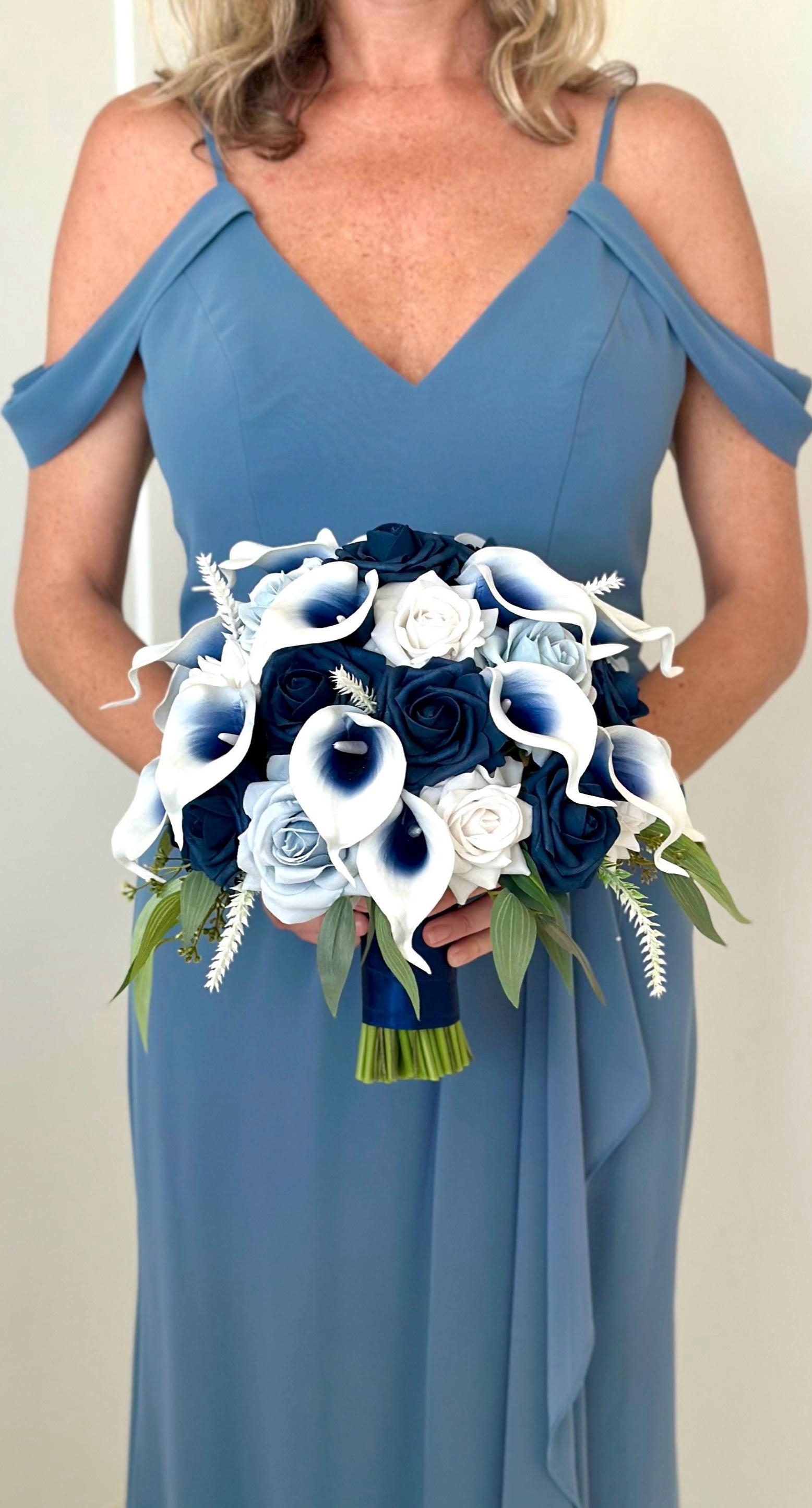 Navy Blue Bouquet, Dusty Blue Bouquet, Blue Rose Bouquet, White Bouquet, Real Touch Calla Lily Bouquet, Blue and White Bridal Bouquet