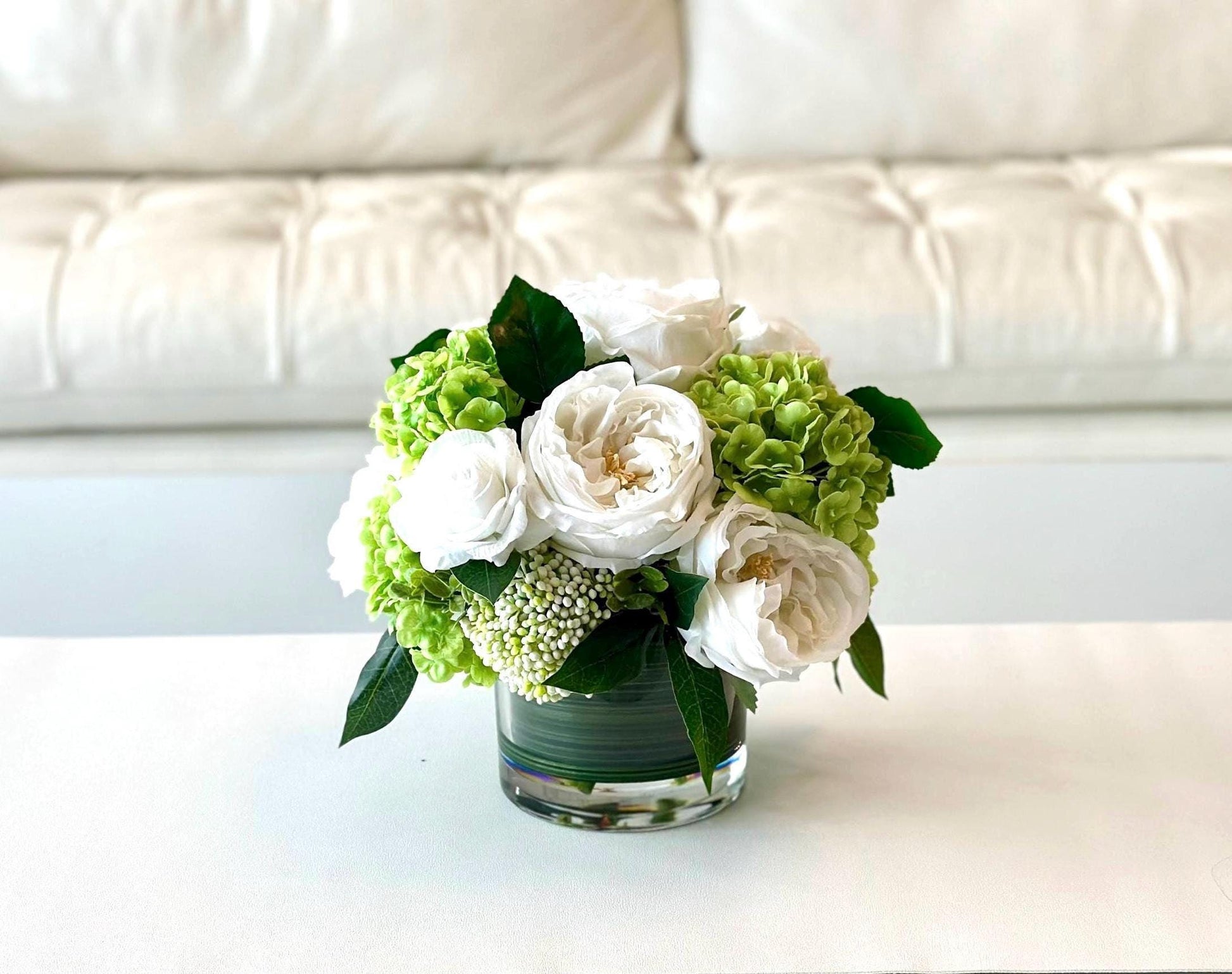 Real Touch Rose and Hydrangea Arrangement, Rose and Hydrangea Centerpiece, Faux Rose Arrangement, White and Green Floral Arrangement