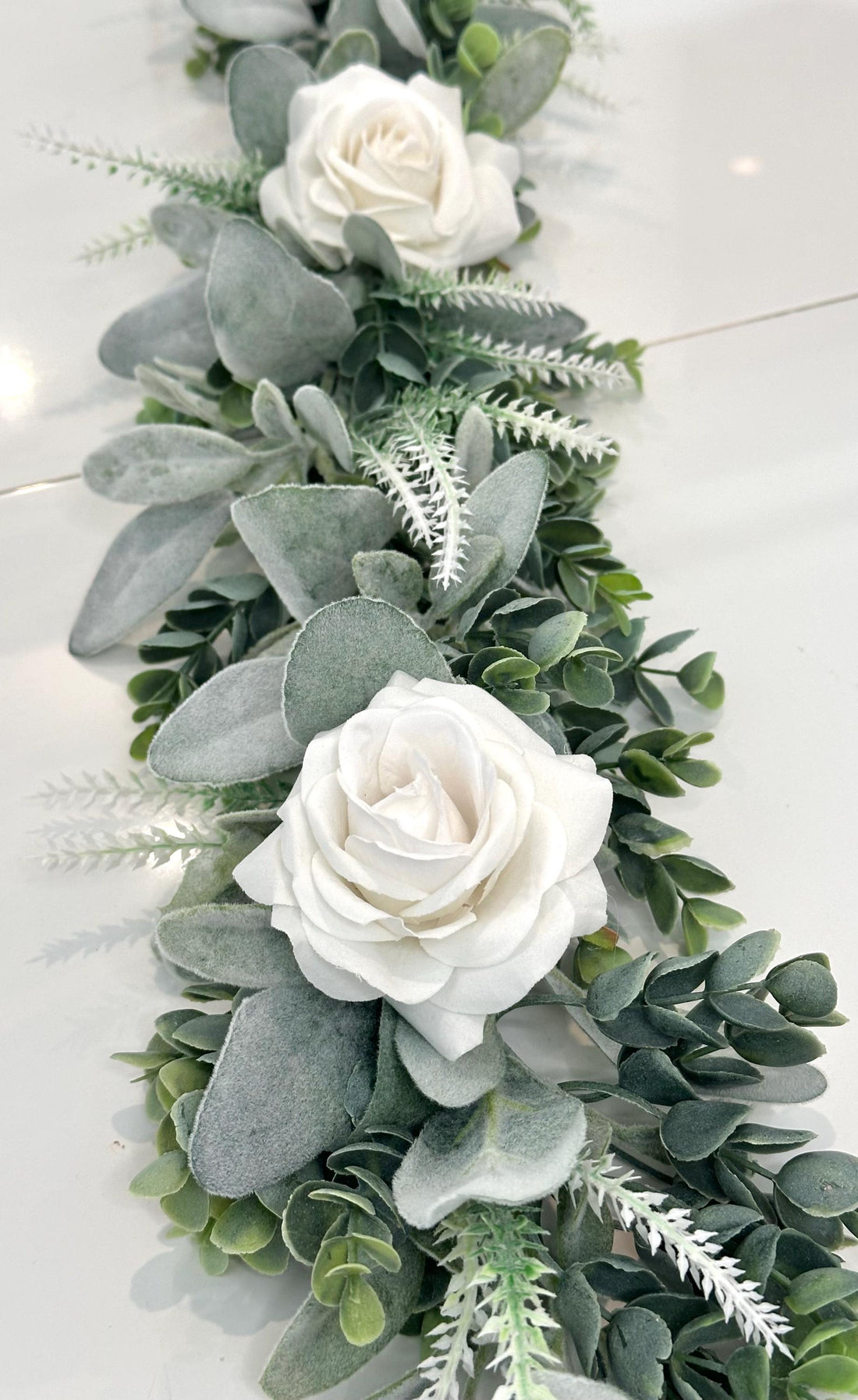 Artificial Eucalyptus Garland, Lambs Ear Garland, Wedding Centerpiece, Arch Flowers, Ivory Rose Garland, Greenery Garland, Eucalyptus Table