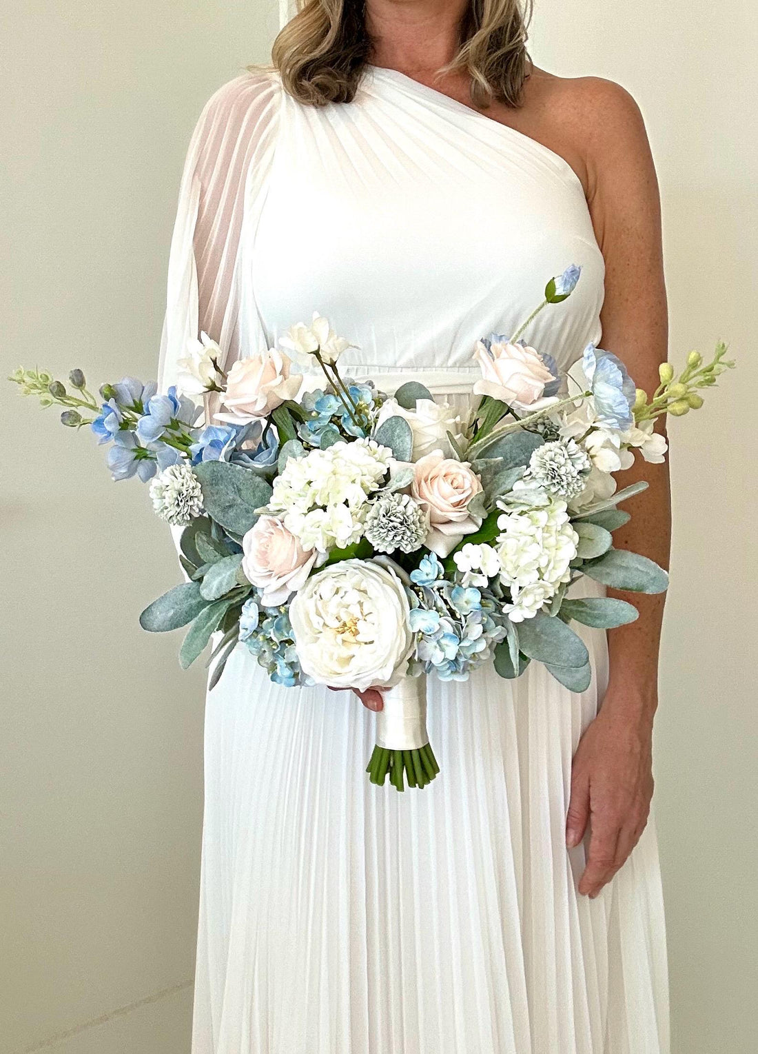 Luxury Real Touch White, Light Blue, and Blush Wedding Bouquet, Whimsical Wedding Bouquet, Wildflower Bouquet, Delphinium Bridal Bouquet