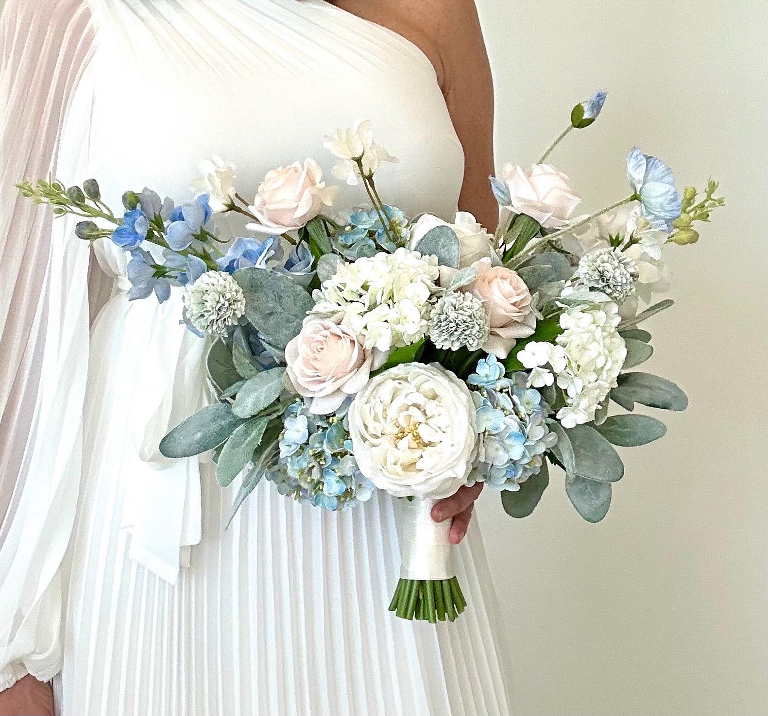 Luxury Real Touch White, Light Blue, and Blush Wedding Bouquet, Whimsical Wedding Bouquet, Wildflower Bouquet, Delphinium Bridal Bouquet