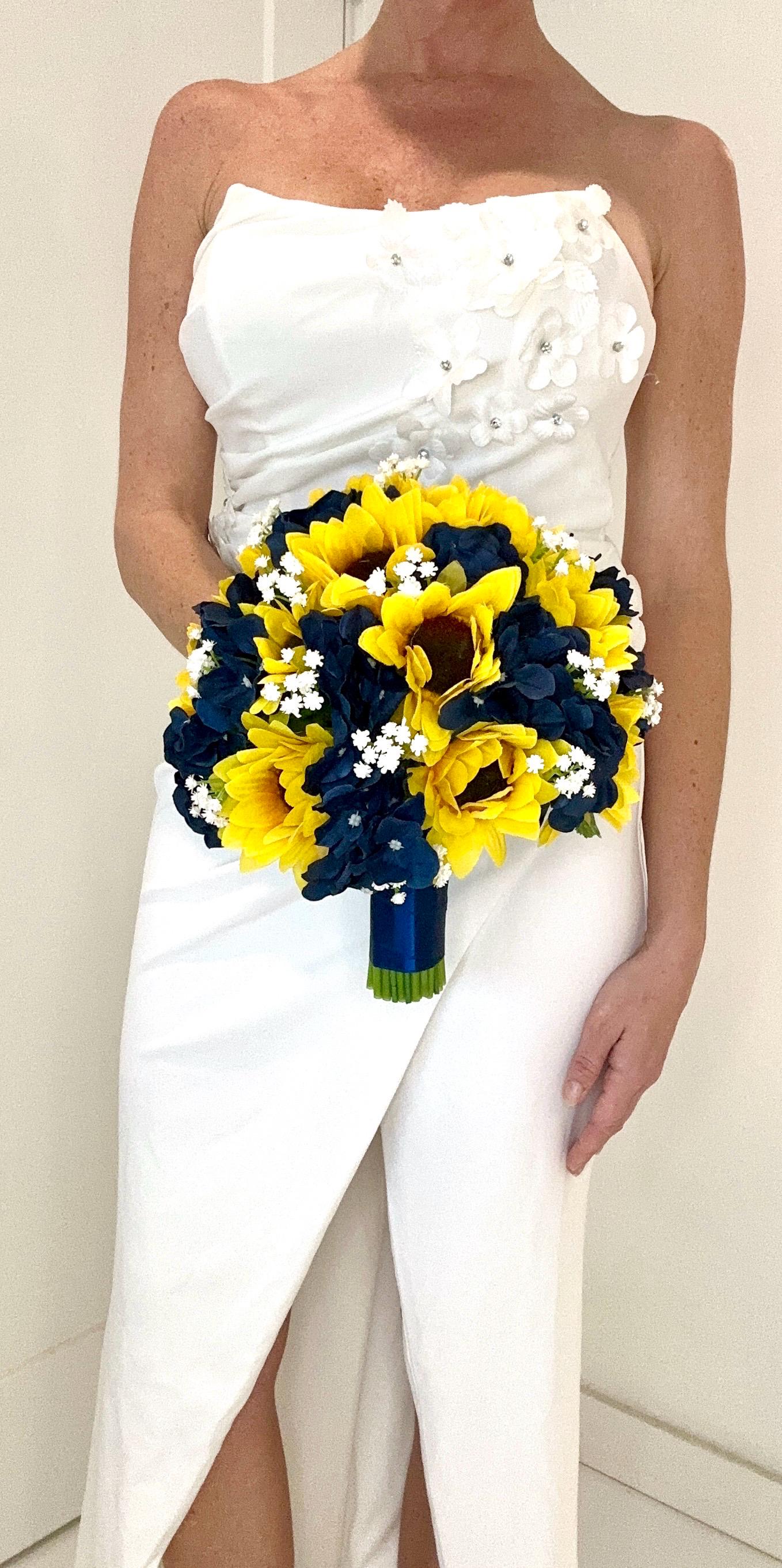 Faux Sunflower and Navy Blue Hydrangea Wedding Flower Package, Yellow Sunflower Bridal Bouquet, Sunflower Bridesmaid Bouquet, Navy Bouquet