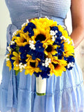 Faux Sunflower and Navy Blue Hydrangea Wedding Flower Package, Yellow Sunflower Bridal Bouquet, Sunflower Bridesmaid Bouquet, Navy Bouquet