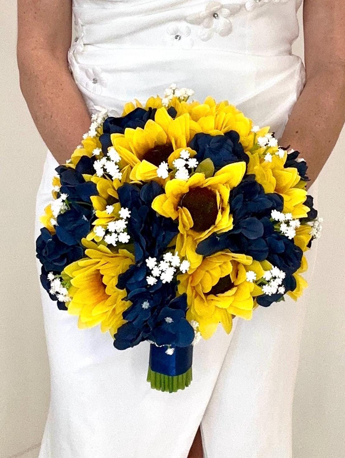 Faux Sunflower and Navy Blue Hydrangea Wedding Flower Package, Yellow Sunflower Bridal Bouquet, Sunflower Bridesmaid Bouquet, Navy Bouquet