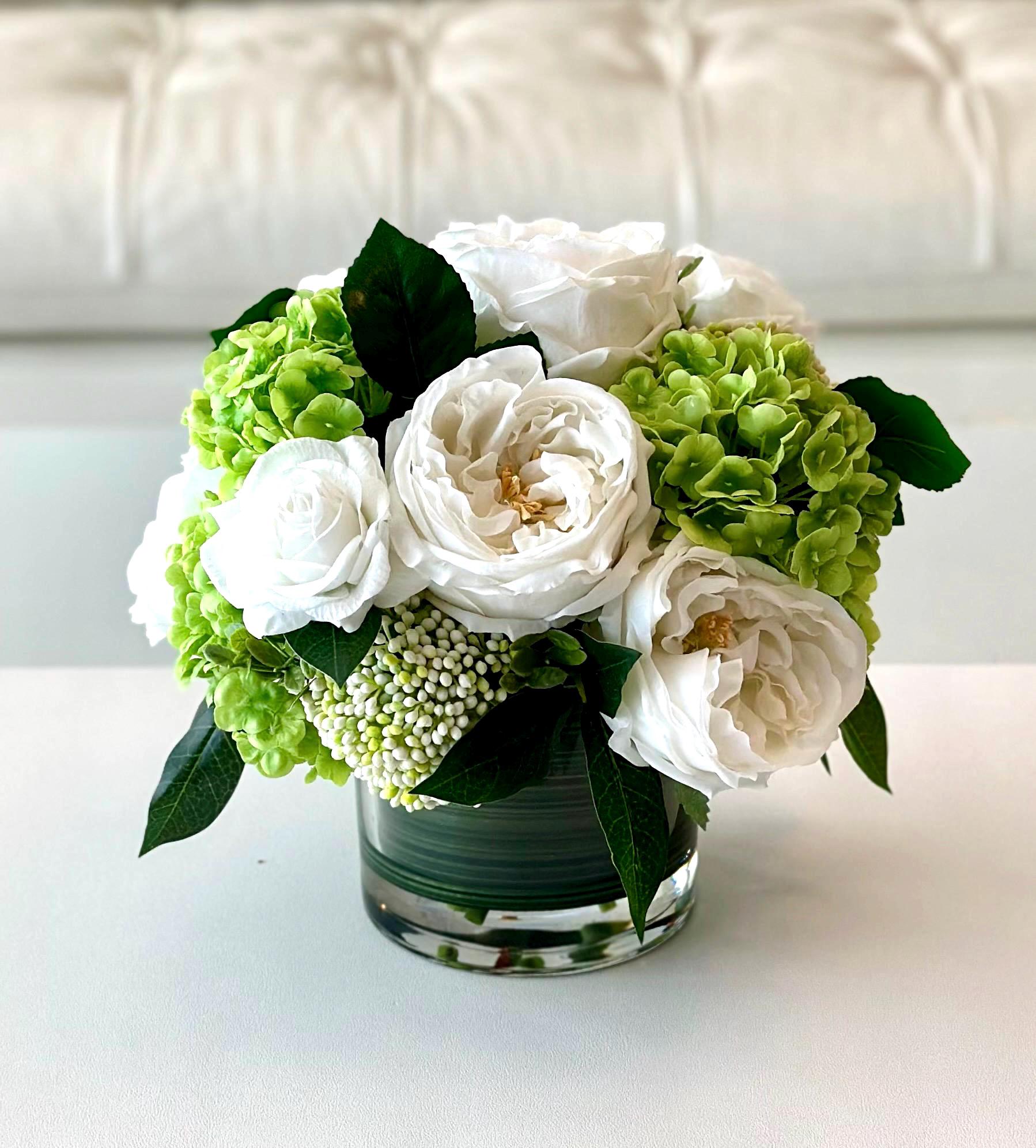 Real Touch Rose and Hydrangea Arrangement, Rose and Hydrangea Centerpiece, Faux Rose Arrangement, White and Green Floral Arrangement