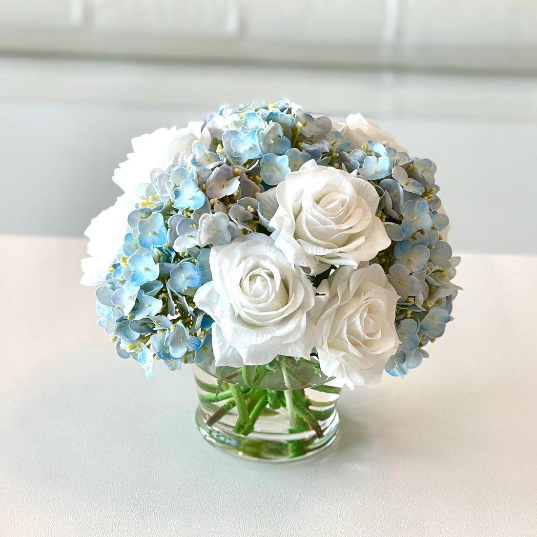 Real Touch Light Blue Hydrangea and White Rose Floral Centerpiece, Rose and Hydrangea Centerpiece, Faux Rose Arrangement, Faux Hydrangea Cen