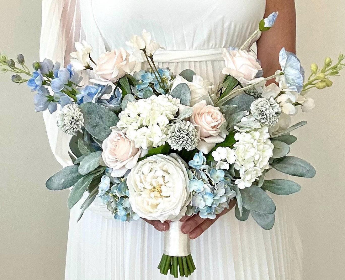 Luxury Real Touch White, Light Blue, and Blush Wedding Bouquet, Whimsical Wedding Bouquet, Wildflower Bouquet, Delphinium Bridal Bouquet