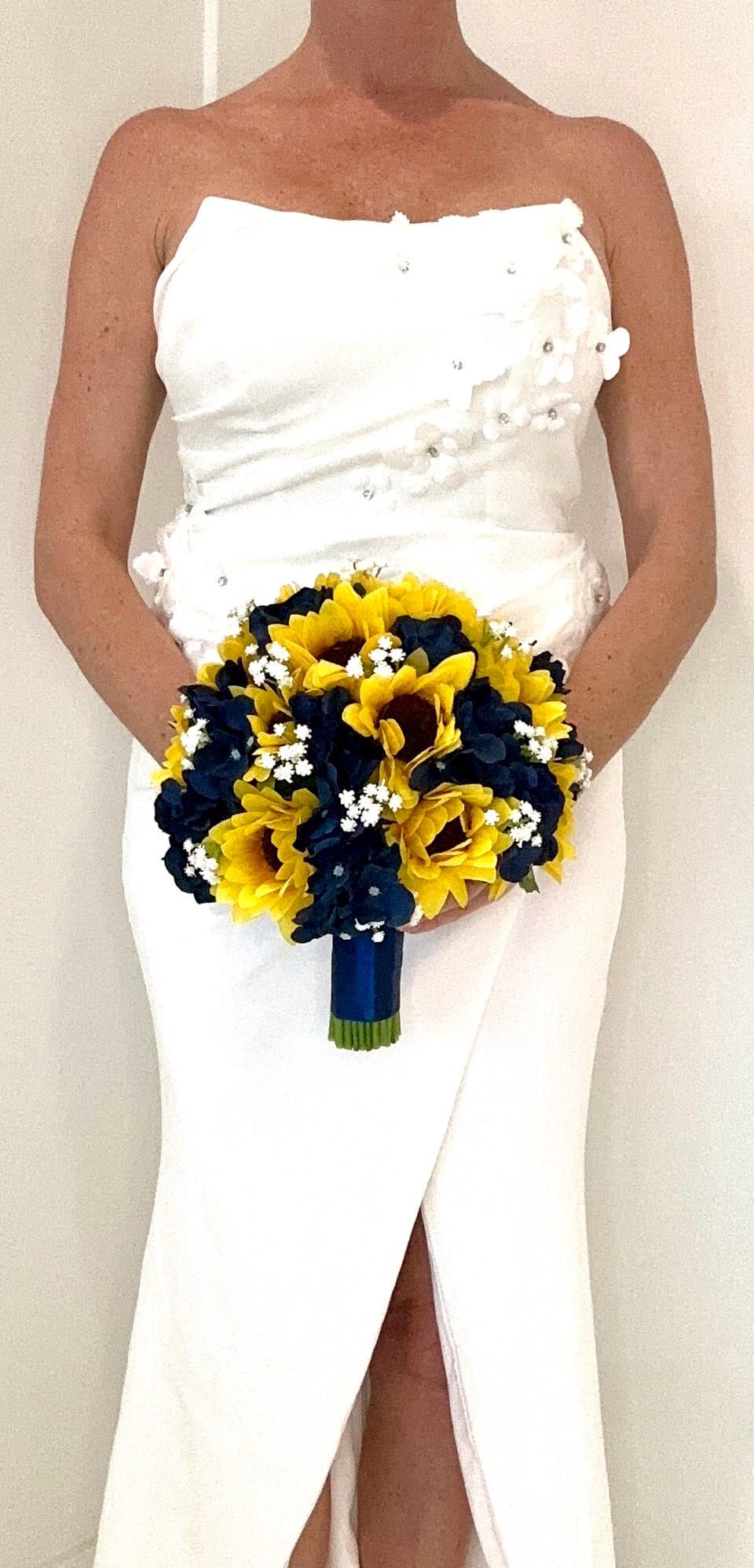 Faux Sunflower and Navy Blue Hydrangea Wedding Flower Package, Yellow Sunflower Bridal Bouquet, Sunflower Bridesmaid Bouquet, Navy Bouquet