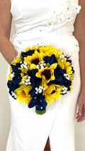 Faux Sunflower and Navy Blue Hydrangea Wedding Flower Package, Yellow Sunflower Bridal Bouquet, Sunflower Bridesmaid Bouquet, Navy Bouquet